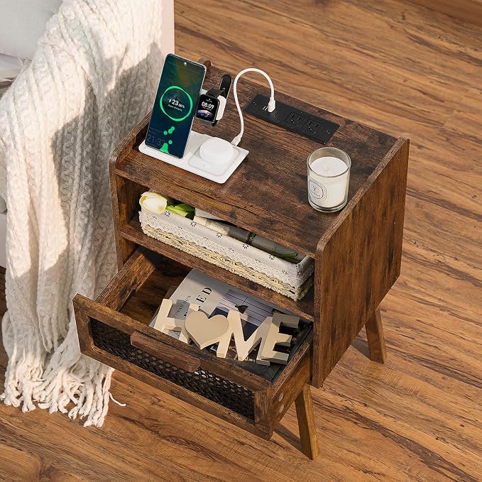Lerliuo Rattan Nightstand with Charging Station, Side Table with Drawer Open - Image 2