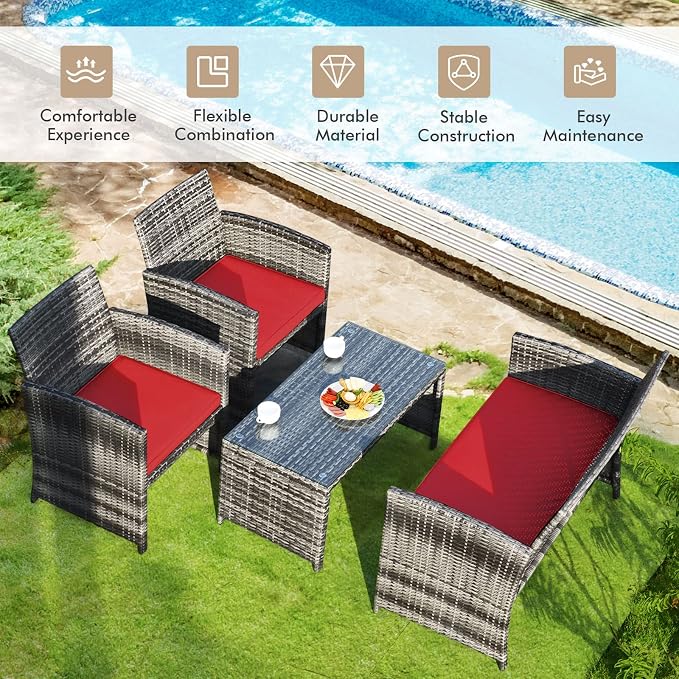 Goplus 4-Piece Rattan Patio Furniture Set, Outdoor Wicker Conversation Sofa - Image 2