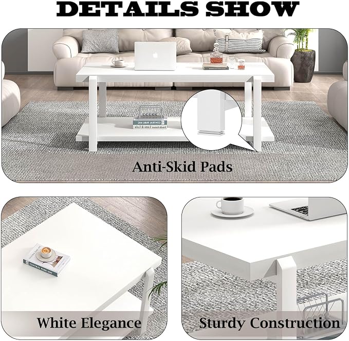 FOLUBAN White Coffee Table, Modern Rustic Wood and Metal Center Table - Image 6