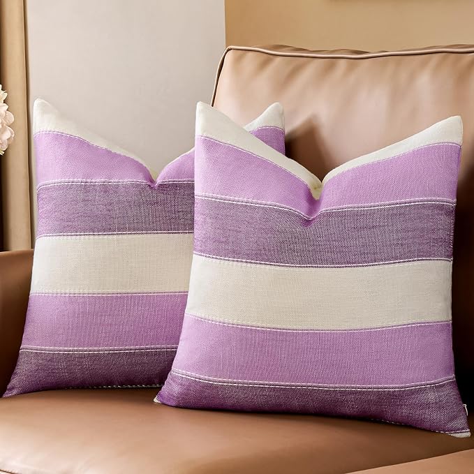 AmHoo Pack of 2 Farmhouse Stripe Check Throw Pillow Covers Set Case Cotton - Image 2