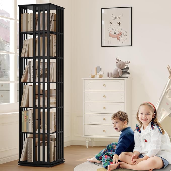 YOWOS Rotating Bookshelf Tower, 360° Display Spinning Bookcase, Bamboo - Image 7