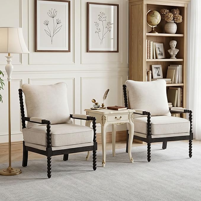 DUHOME Linen Fabric Spindle Accent Chairs Set of 2, Bobbin Chair by DuhomeElegantLifestyle