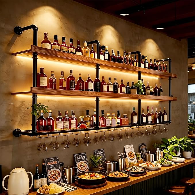 Wall Mounted Wine Rack with LED Lights, 4-Tier Industrial Wood Floating Shelves - Image 8