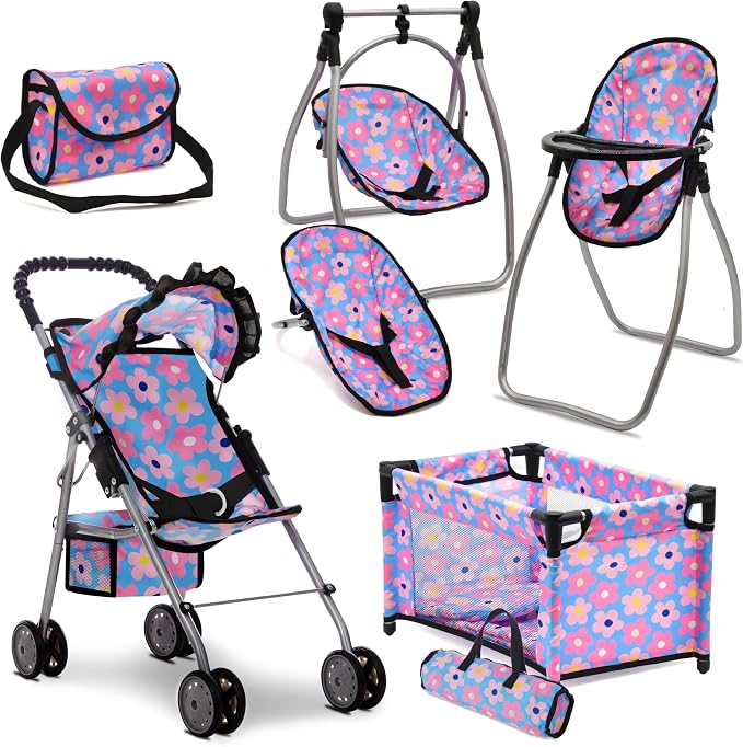 Baby Doll Stroller Bed and Swing Nursery Playset, Baby Doll Accessories by DollsToPlay