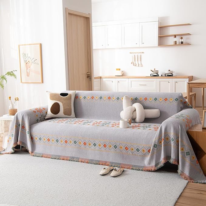 DREAMINGO Boho Couch Cover Grey Chenille Sofa Protecor by DREAMINGO