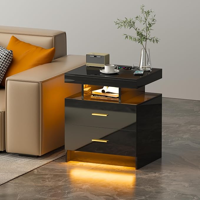 Smart Night Stand with Charging Station, Modern Black Nightstand with 24 Color by MDGC