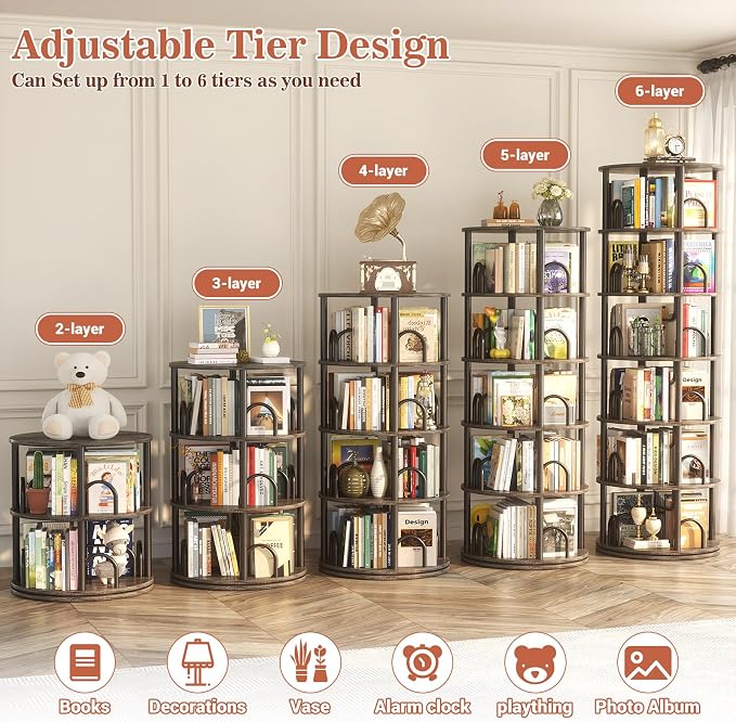 Aheaplus 6 Tier Rotating Bookshelf Tower, Revolving Bookcase, 360° Round - Image 5