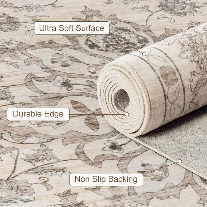 8x10 Area Rugs for Living Room: Washable Rug Soft Vintage Distressed Floral - Image 7