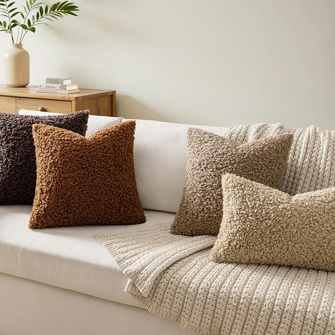 Faux Fur Throw Pillow Covers 24x24 Inch Set of 2 Boucle Neutral Decorative - Image 4