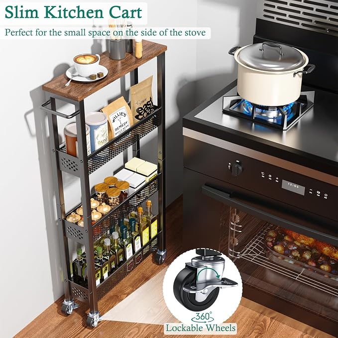 XYZLVSI Slim Storage Cart 4 Tier Narrow Kitchen Rolling Cart on Wheels - Image 2