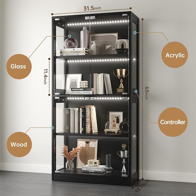 Airynee Display Cabinet with Glass Doors, 4-Tier Curio Cabinet with 7 Vibrant 3 - Image 2