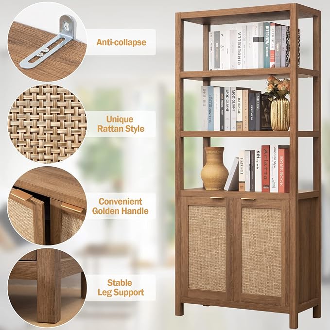 SICOTAS Bookshelf 5 Tier Book Shelf Rattan Boho 71" Tall Bookcase - Image 5