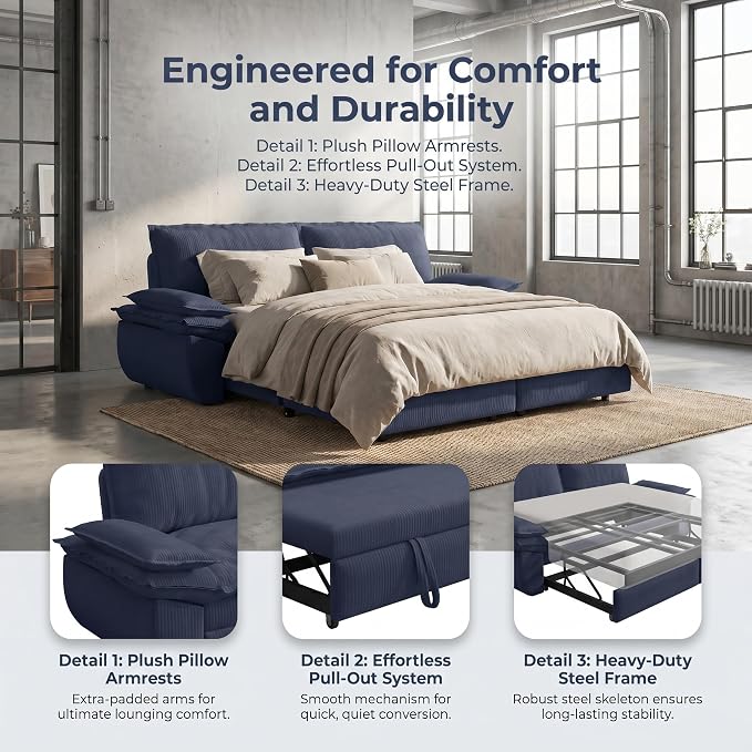 73.2" Sofa Bed Queen, 3-in-1 Pull Out Sofa Bed - Image 5