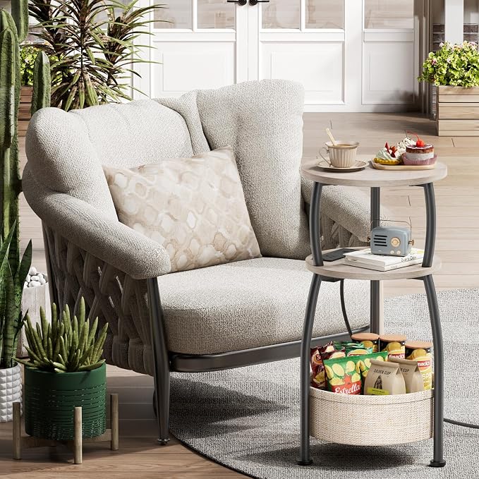 Small Side Table with Charging Station, Round End Table with Basket, USB Port - Image 7