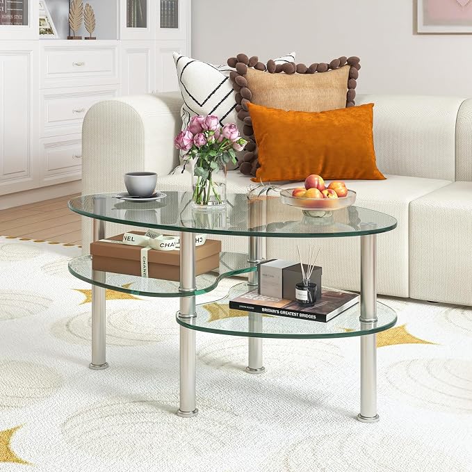 Tangkula Glass Coffee Table, Modern Furniture Decor 2-Tier Modern Oval Smooth - Image 4