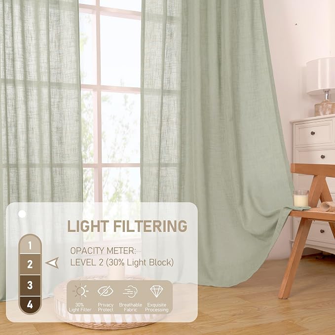 LAMIT Sage Grey Sheer Linen Curtains, 108 inch Light Filtering Semi Sheer - Image 4