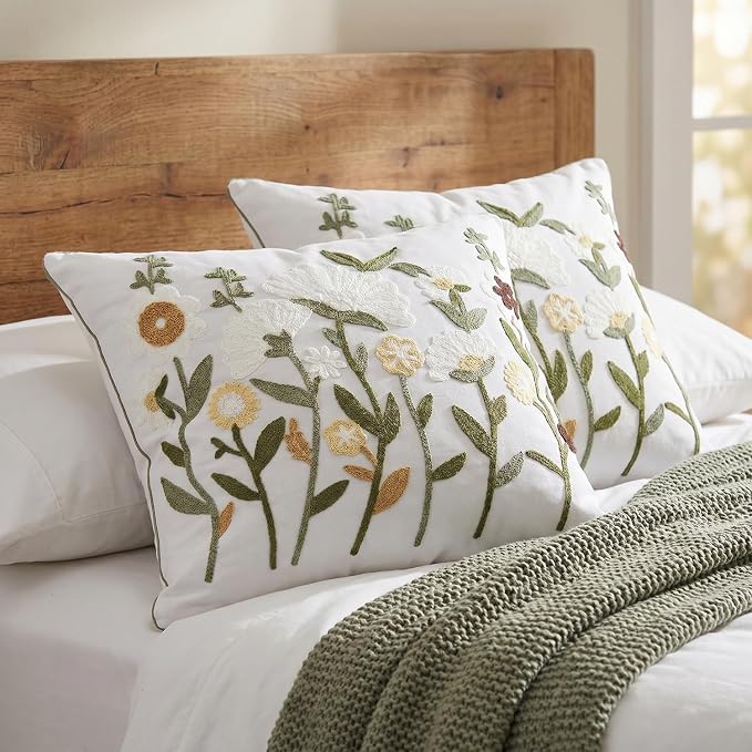 Neutral Floral Embroidered Throw Pillow Covers 20x20 Inch White Daisy Camel - Image 4