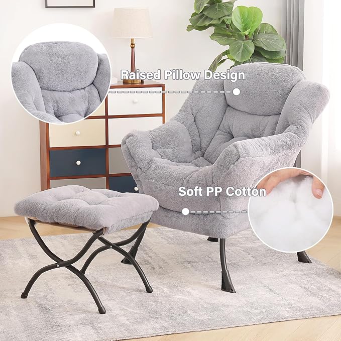 Tiita Lazy Chair with Ottoman, Light Grey Modern Large Accent Armchair - Image 4