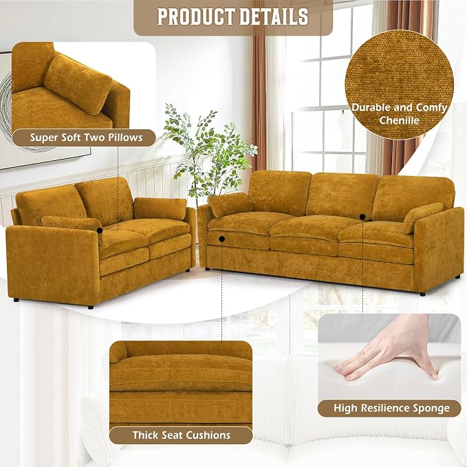 Comfy Chenille Sofa Set with Well-Filled Pillows, Modern 3 Seater and Loveseat - Image 2