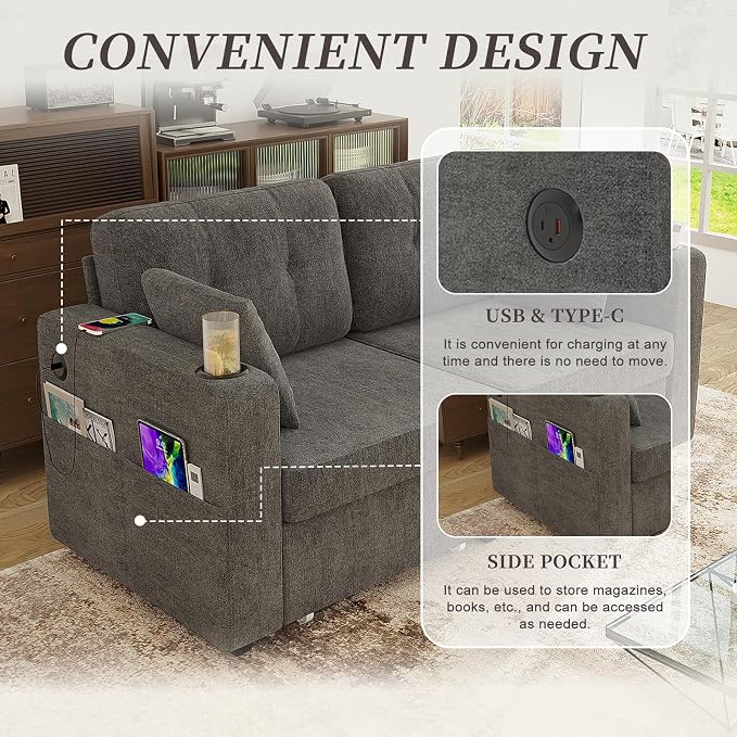 67" Small Loveseat Couch with Storage, USB Charging and Cup Holder, Space - Image 5