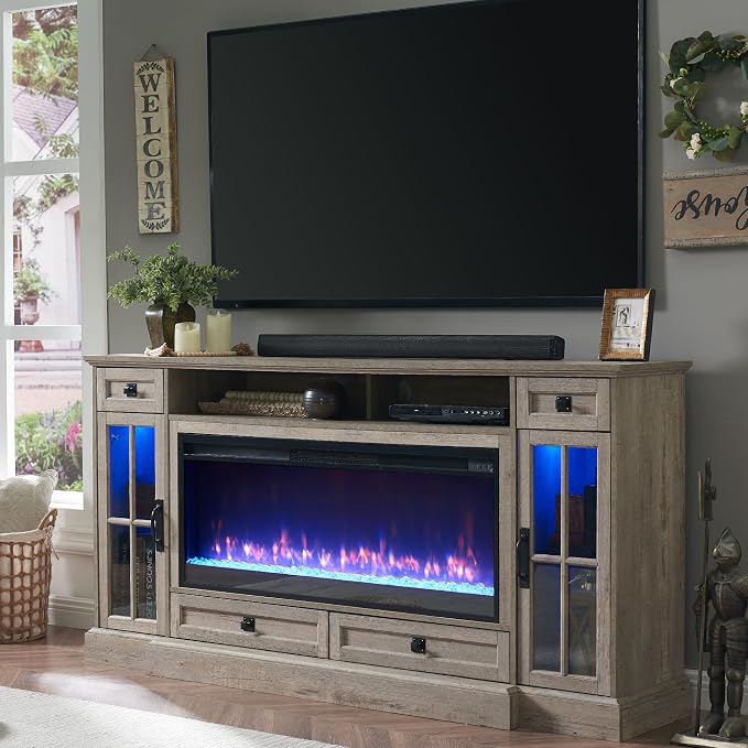 OKD Fireplace TV Stand for 80 Inch TV, Farmhouse Entertainment Center by OKD