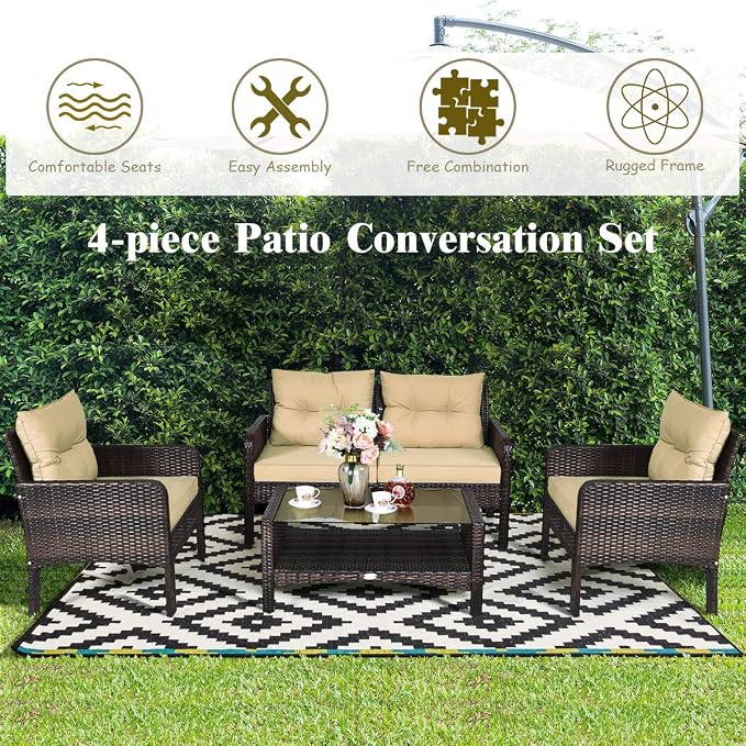 Tangkula 4 Piece Patio Furniture Set, Outdoor Wicker Conversation Set - Image 6