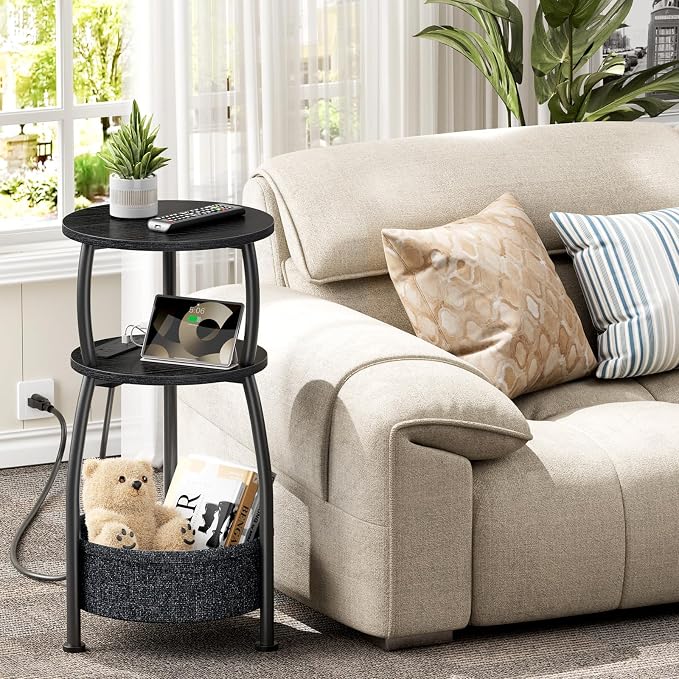 Round Side Table with Power Outlets, Small Coffee Table with S Basket, Space - Image 5