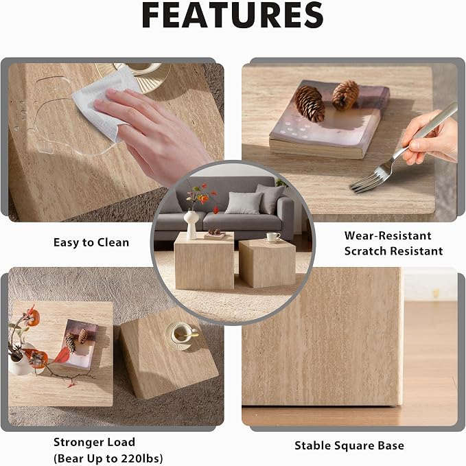 Square Nesting Tables for Living Room, Wood Travertine Veneer Nesting Coffee - Image 5