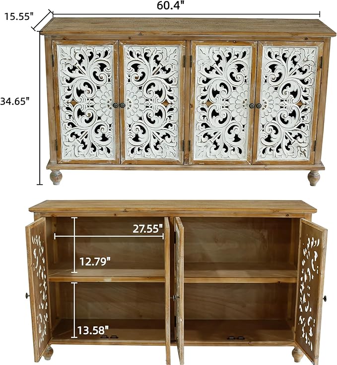 LKTART 60" Vintage Sideboard Buffet Cabinet, French Country Sideboard, - Image 2