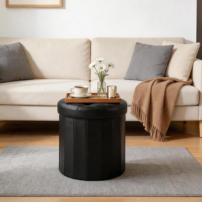 CAROLMADE Round Storage Ottoman, PU Leather Folding Footrest Stool - Image 7