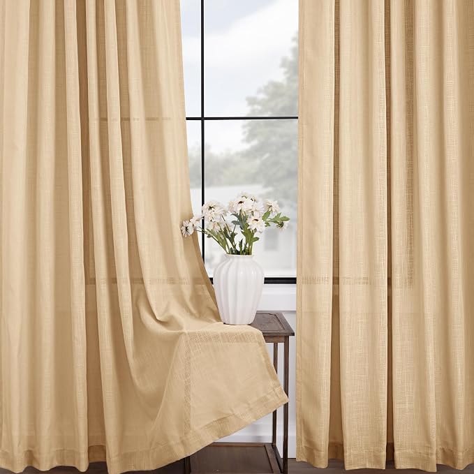Tan Linen Curtains for Living Room Back Tab Modern Farmhouse Semi Sheer Tan - Image 3