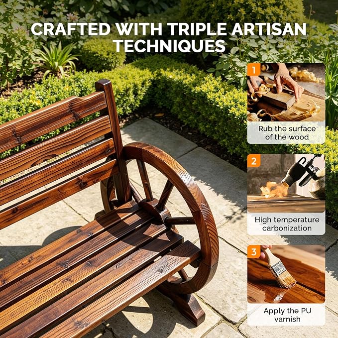 VINGLI Rustic Wooden Wheel Bench Outdoor Bench, Patio Bench Wagon Slatted Seat - Image 5