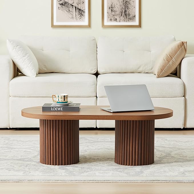 Oval Fluted Coffee Table, Farmhouse Wood Coffee Table Mid Century Modern Center - Image 4