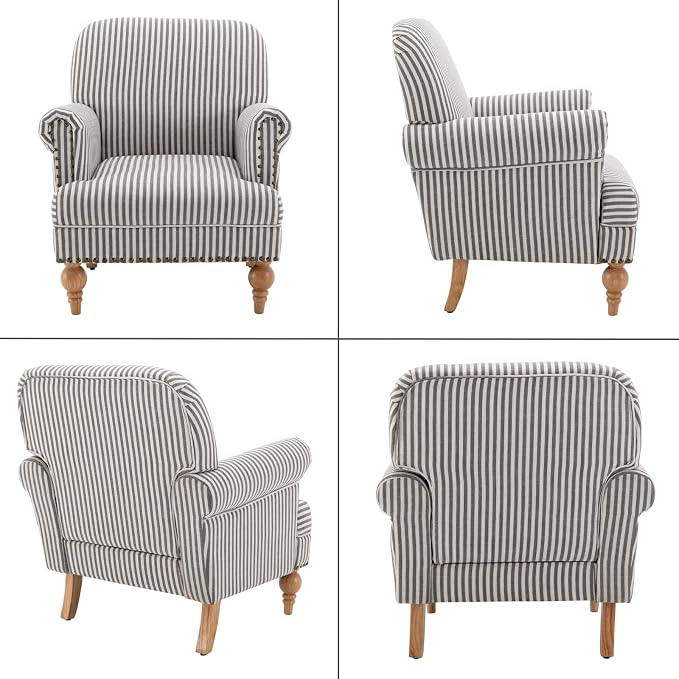Black Striped Linen Fabric Accent Chair, Modern Farmhouse Upholstered Armchair - Image 9