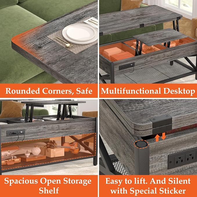 Aheaplus Coffee Table Lift Top Multi-Function Coffee Table Converts to Dining - Image 6