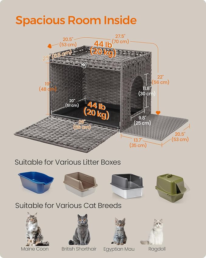 Feandrea Cat Litter Box Enclosure, Handwoven Rattan Hidden Litter Box Furniture - Image 6