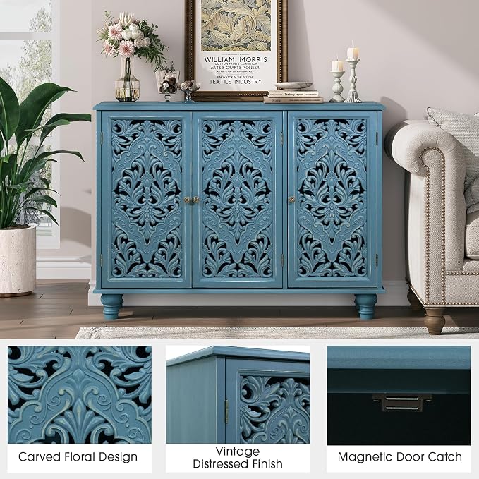 JOINICE Accent Cabinet with 3 Carved Doors, Distressed Blue Sideboard Buffet - Image 4
