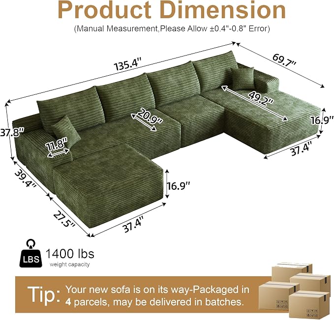 136" Sectional Couches for Living Room Cloud Couch Sofa - Image 2