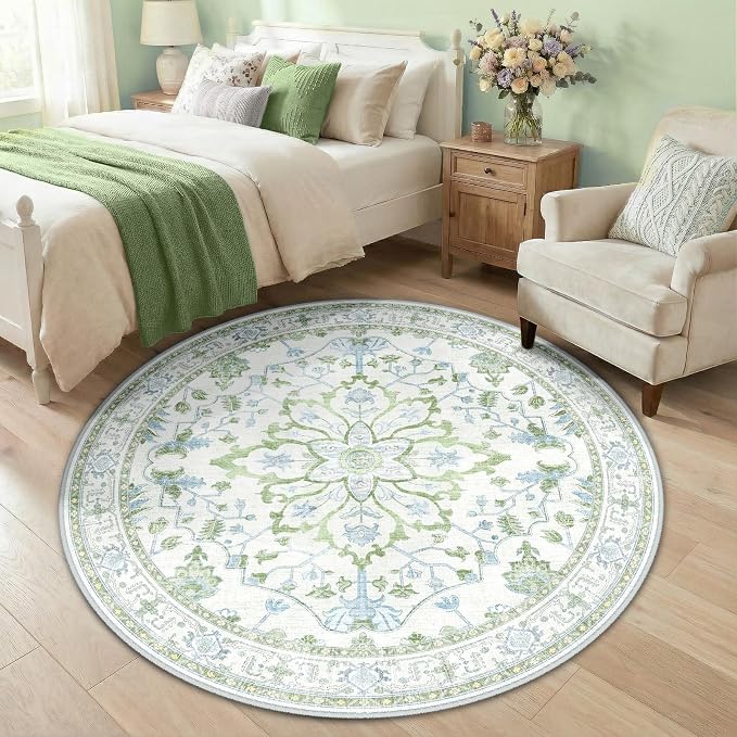 RELEANY Area Rugs Round 5ft Washable Non-Slip, Floral Vintage Distress Print by RELEANY