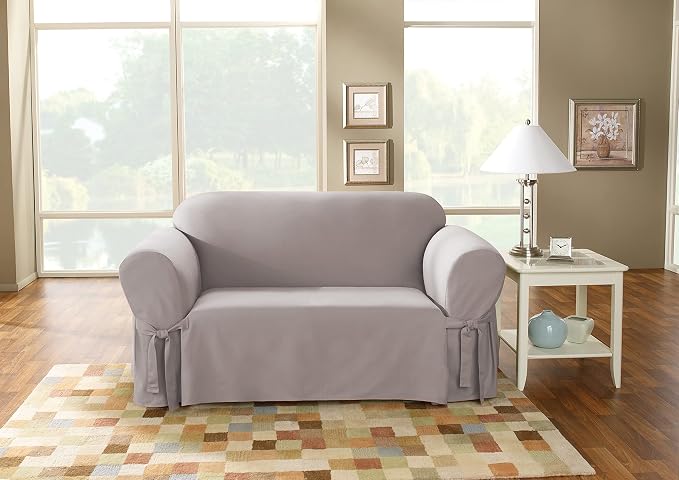 SureFit Cotton Duck Loveseat Box Cushion One Piece Slipcover, Furniture Cover - Image 2