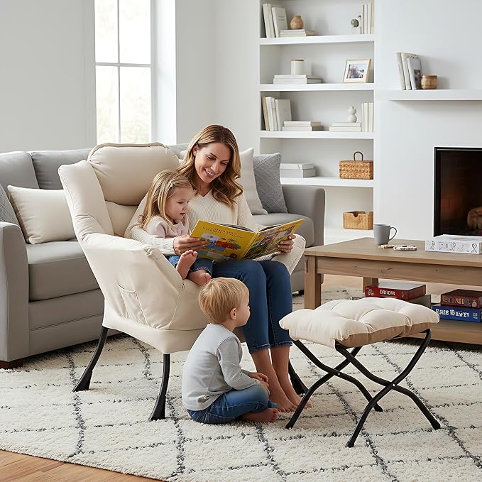 Welnow Lazy Chair with Ottoman, Modern Reading Accent Chair with Armrests and a - Image 2