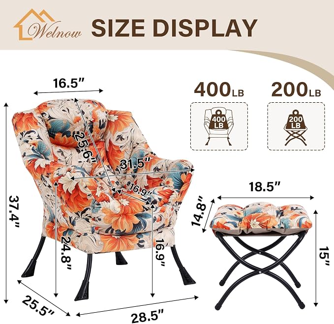 Welnow Lazy Chair with Ottoman, Modern Accent Chair with Armrests and a Side - Image 3