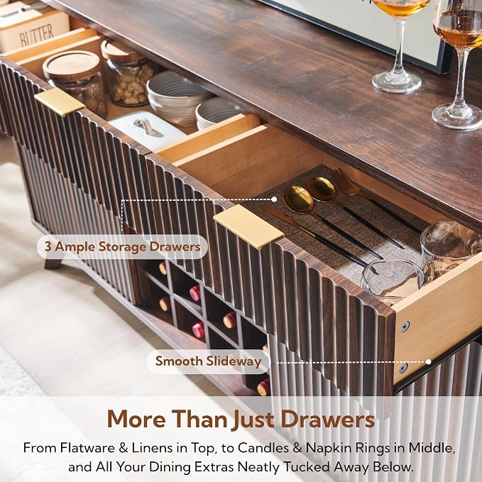 OKD Fluted Wine Bar Cabinet, 3 Drawers, 4 Glass Holders & 12 Wine Racks - Image 3