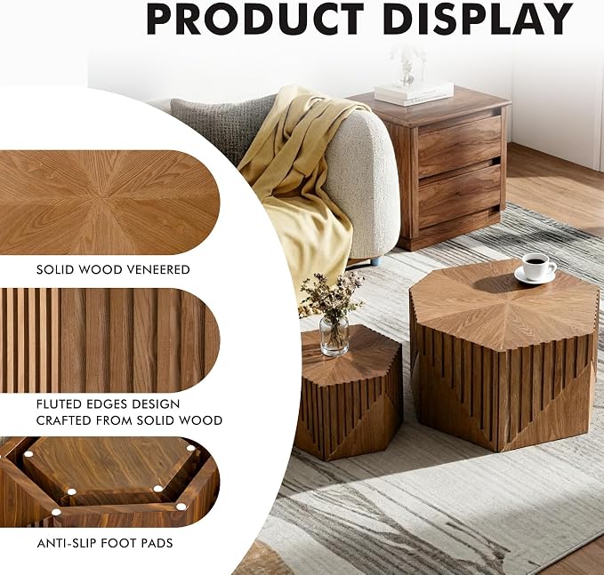 Hexagonal Nesting Coffee Table Set of 2, Wooden Fluted Coffee Table - Image 3