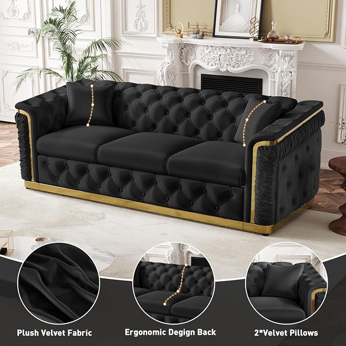 2 Piece Velvet Chesterfield Sofa Luxury Tufted Sofa Black and Gold Couch Set - Image 7