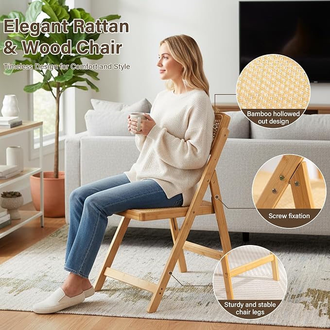 Furlide Rattan Folding Chair, Modern Mid Century Dining Chair Set of 1 - Image 3