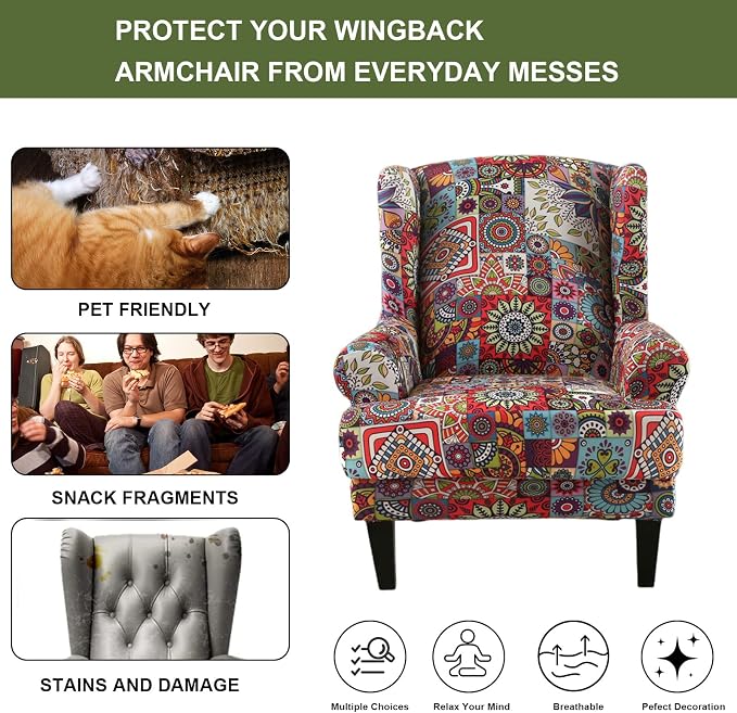 HAOYONG Wing Chair Slipcovers Elastic Boho Printed Wingback Chair Covers 2 - Image 5