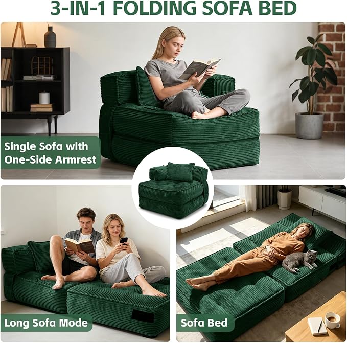 Folding Sofa Bed Chair with Armrests, Convertible Futon Couch Sleeper Chair - Image 3