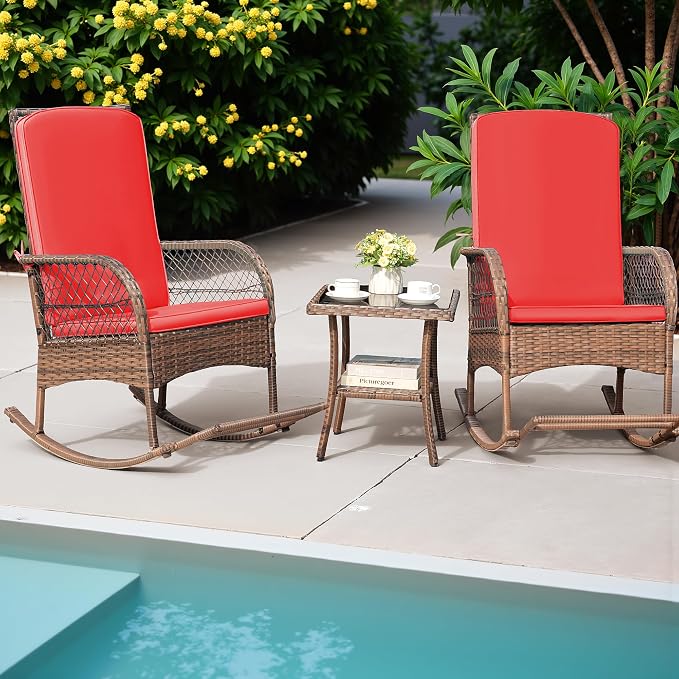 Greesum 3 Piece Outdoor Wicker Rocking Chairs Patio Furniture Set - Image 3