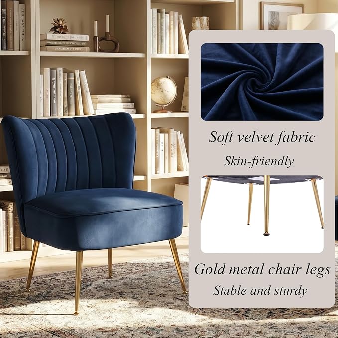 Velvet Accent Chair Set of 2 Comfy Living Room Chair Armless Slipper Chair Mid - Image 6